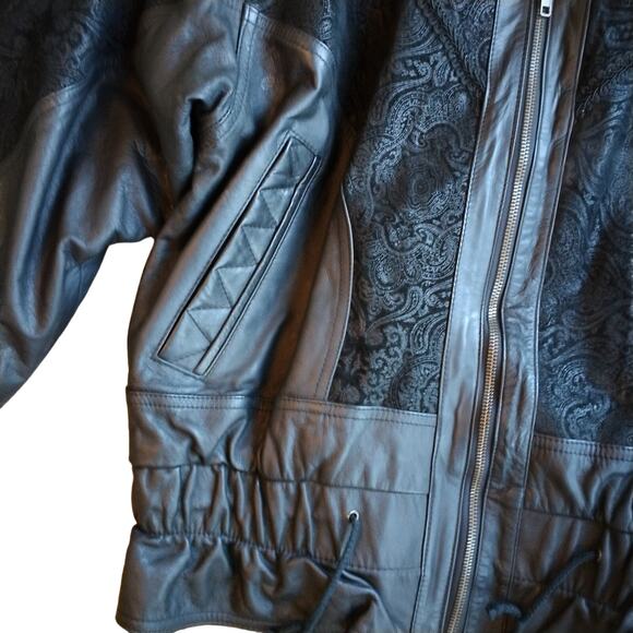 Y2K Bomber Jacket Sz M Black Texture Leather Patchwork Moto Collect VNT 80s - Picture 7 of 16